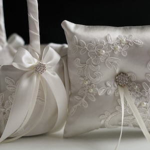 Kussen aan ringkussen en bloemenmeisjesmand Set Kant Ring Kussen Ivoor Bruiloft Mand Kussen Set Kant Bruiloft Accessoires Trouwring Kussen