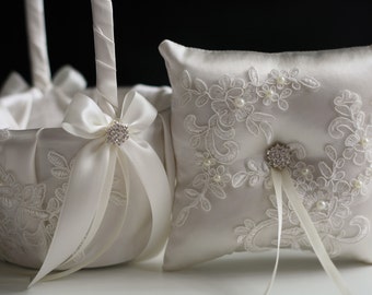 Ring Bearer Pillow and Flower Girl Basket Set Lace Ring Pillow Ivory Wedding Basket Pillow Set Lace Wedding Accessories Wedding Ring Pillow