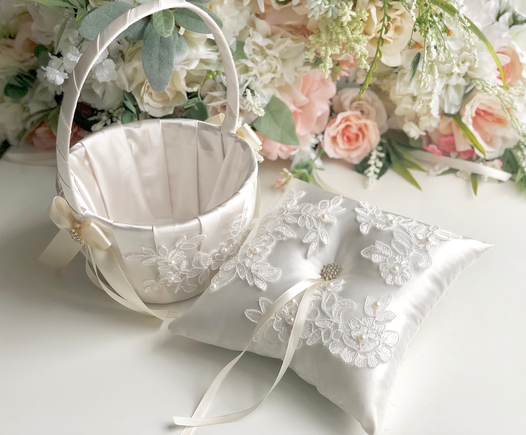 Flower Girl Basket and Ring Bearer Pillow Set, Lace Ring Pillow, Basket