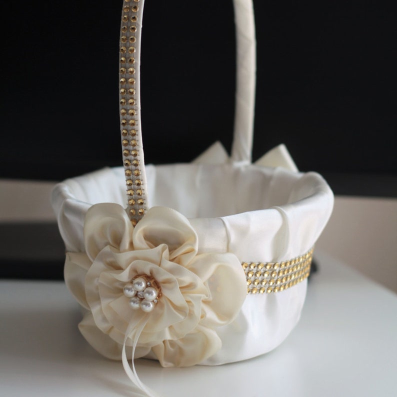 Ivory Flower Girl Basket Ivory Gold Wedding Basket Gold Etsy