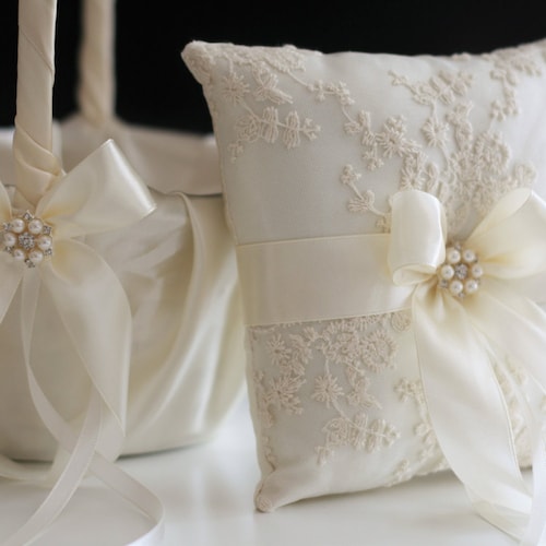 Ivory Flower Girl Basket and Ring Bearer Pillow Set Ivory Etsy