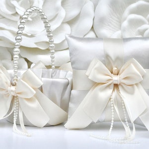Flower Girl Basket and Ring Bearer Pillow Ivory Wedding Decor, Ivory Pearl Basket Pillow set