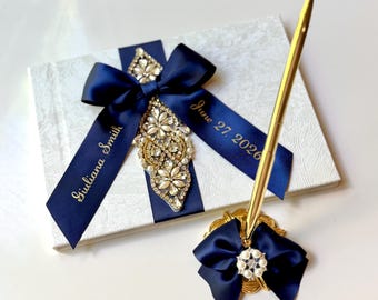 Navy Quinceañera Guest Book with Pen Navy Blue Mis Quince Guest Book Birthday Guest Book Personalized Wishes Book Sweet 16 Guest Memory Book