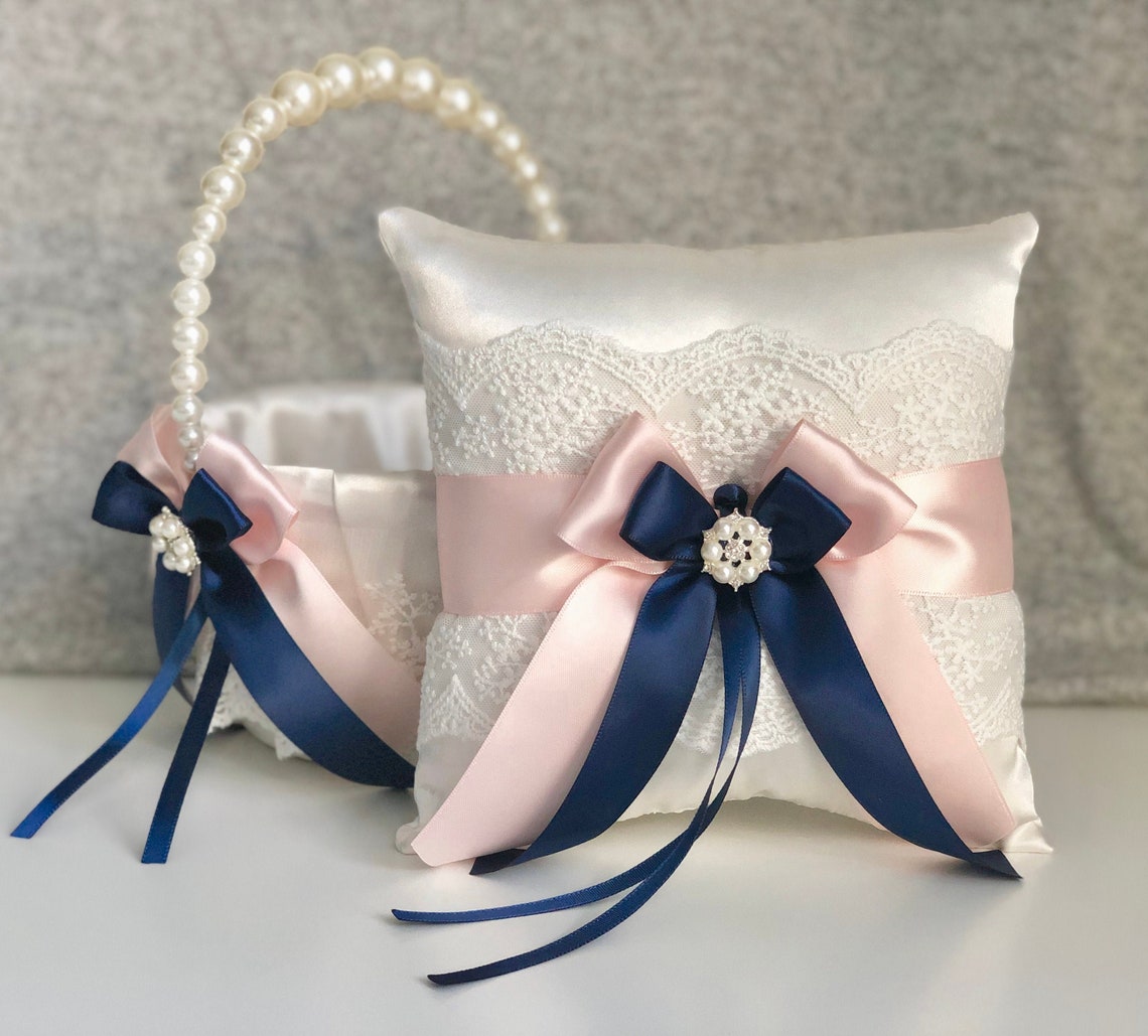 Ivory Flower Girl Basket Blush Navy Ring Bearer pillow Blush 1 Pillow + 1 Basket