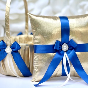 Flower Girl Basket and Ring Bearer Pillow Set Royal Blue and Gold, Gold Flower Basket, Gold Ring Pillow, Royal Blue Wedding Decor Basket
