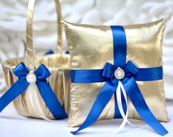 Flower Girl Basket and Ring Bearer Pillow Set Royal Blue and Gold, Gold Flower Basket, Gold Ring Pillow, Royal Blue Wedding Decor Basket