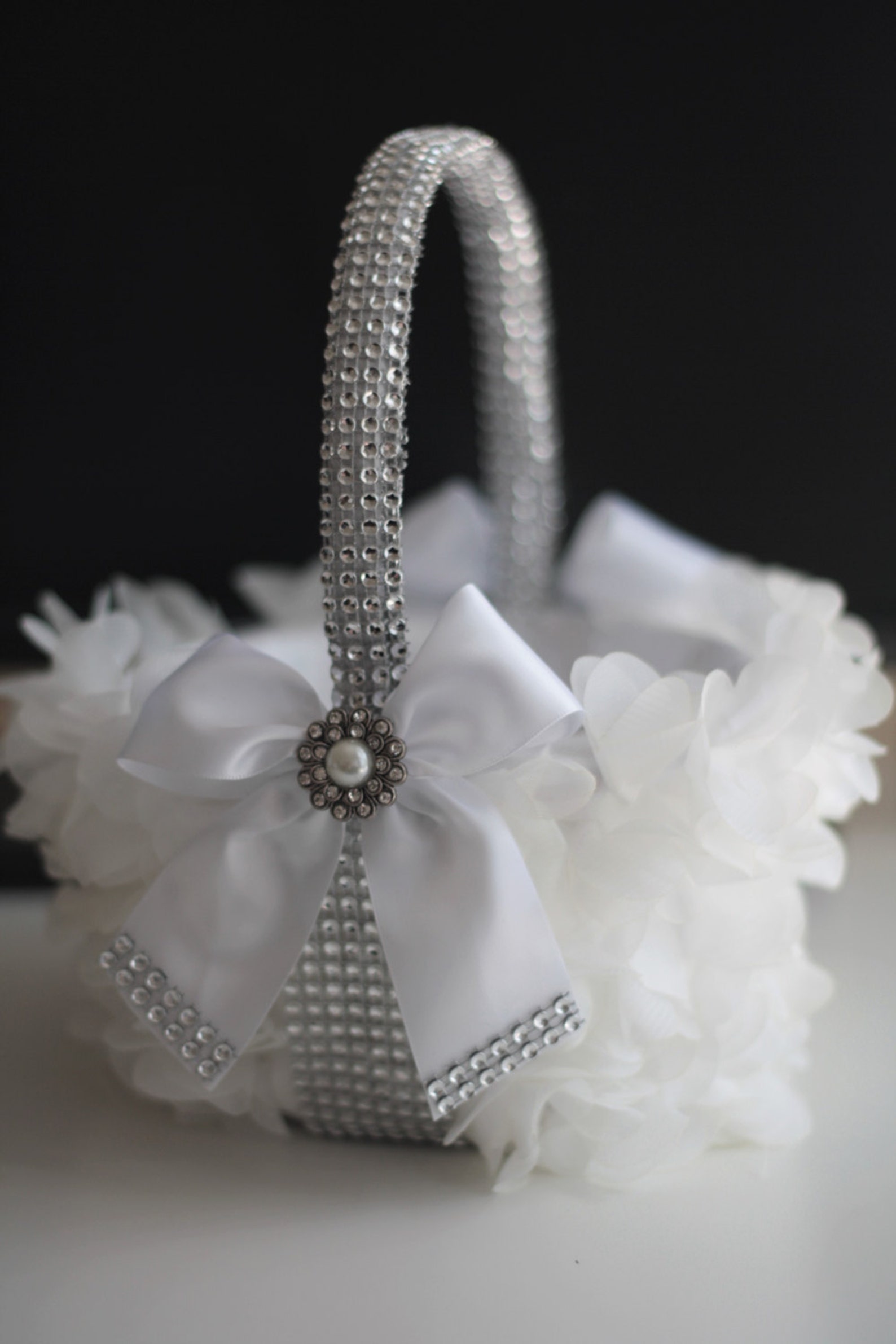 White Flower Girl Basket White Wedding Basket Silver White Etsy
