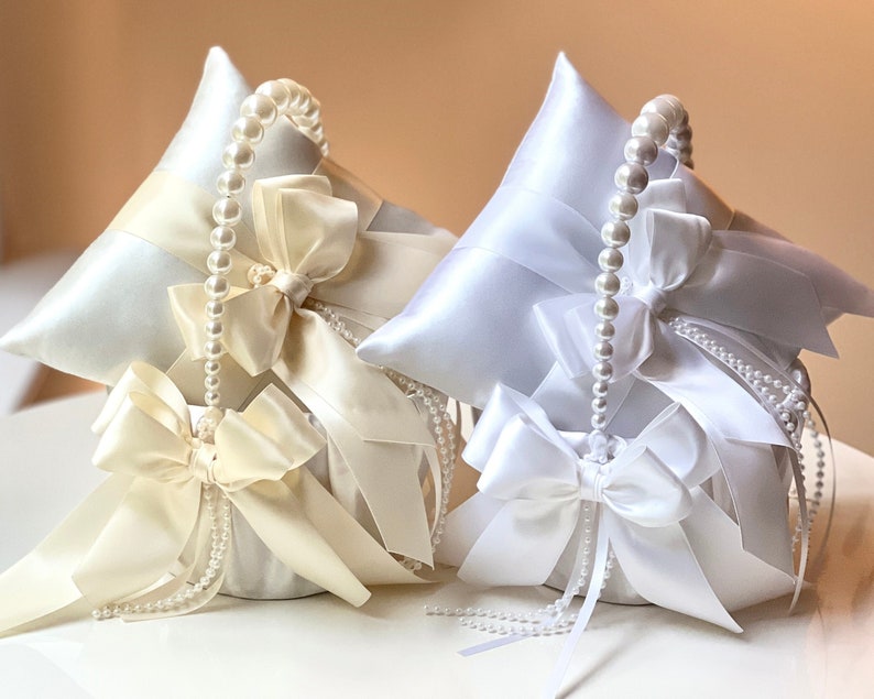 Elfenbenskorg för brudeflicka Beige bröllopskorg Elfenbenskorg med pärlehandtag för bröllop, presentförslag till brudeflicka, bröllopsdekorationer Blomkorgar bild 5