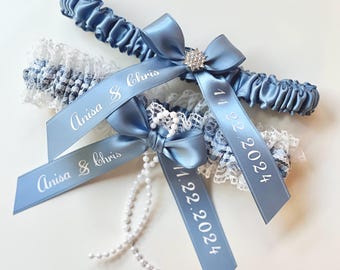 Ligas de boda para novias Juego de ligas de novia azul polvoriento Ligas de graduación para boda Liga de recuerdo personalizada Regalo de despedida de soltera