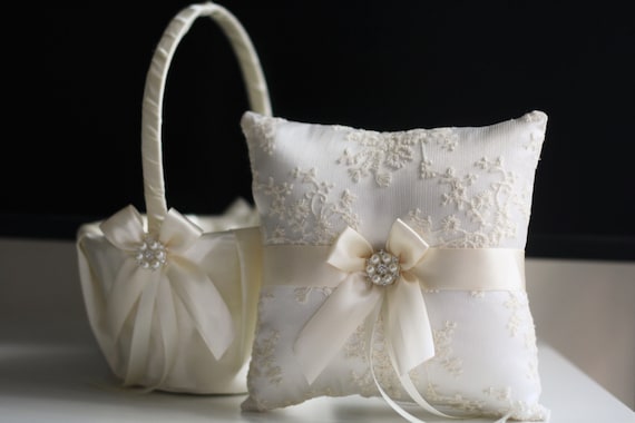 Flower Girl Basket And Ring Bearer Pillow Set Ivory Ring Etsy