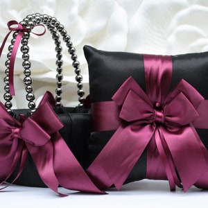 Flower Girl Basket and Ring Bearer Pillow Set Black Wine Wedding Basket Black Ring Pillow Burgundy Wedding Pillow Black Pearl Handle Basket