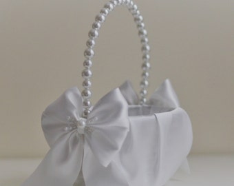 Flower Girl Basket White Pearl, White Wedding Baskets, Pearl Handle Basket, Wedding Ceremony Basket, White Flower Basket Flower Girl Baskets