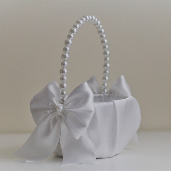 Ivory Flower Girl Basket Pearl Handle Wedding Flower Girl Basket 