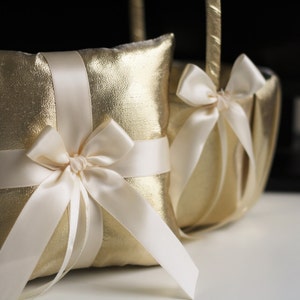 Gold Ring Bearer Pillow, Gold Flower Girl Basket, Flower Girl Gift, Ring Bearer Gift, Gold Wedding Basket and Ring Pillow Set, Ring Holder 1 Pillow + 1 Basket