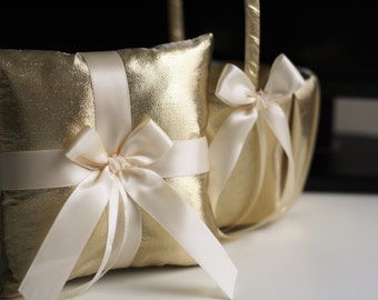 Gold Ring Bearer Pillow, Gold Flower Girl Basket, Flower Girl Gift, Ring Bearer Gift, Gold Wedding Basket and Ring Pillow Set, Ring Holder