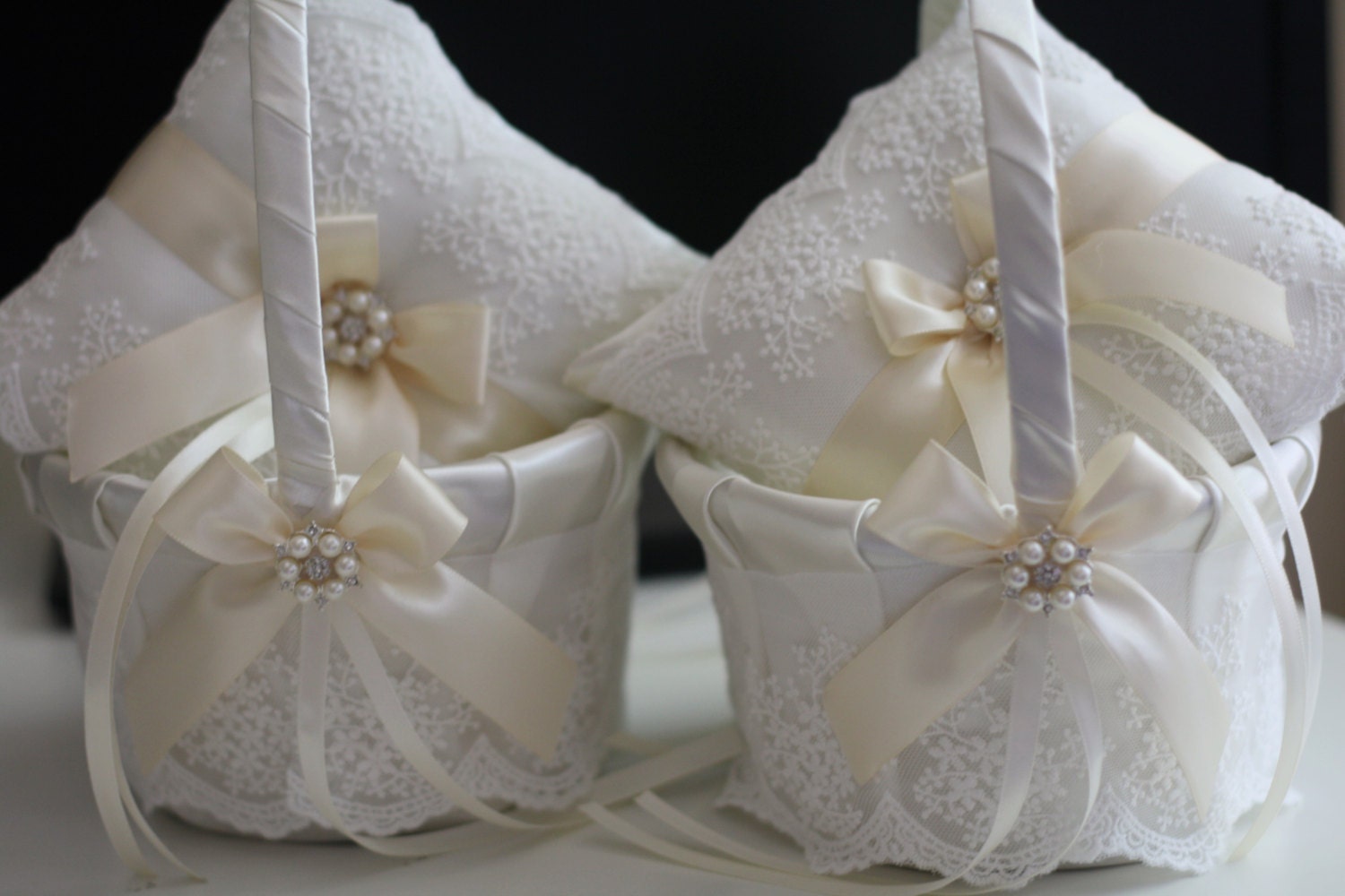 Ivory Flower Girl Baskets Lace Ring Bearer Pillows Beige Etsy