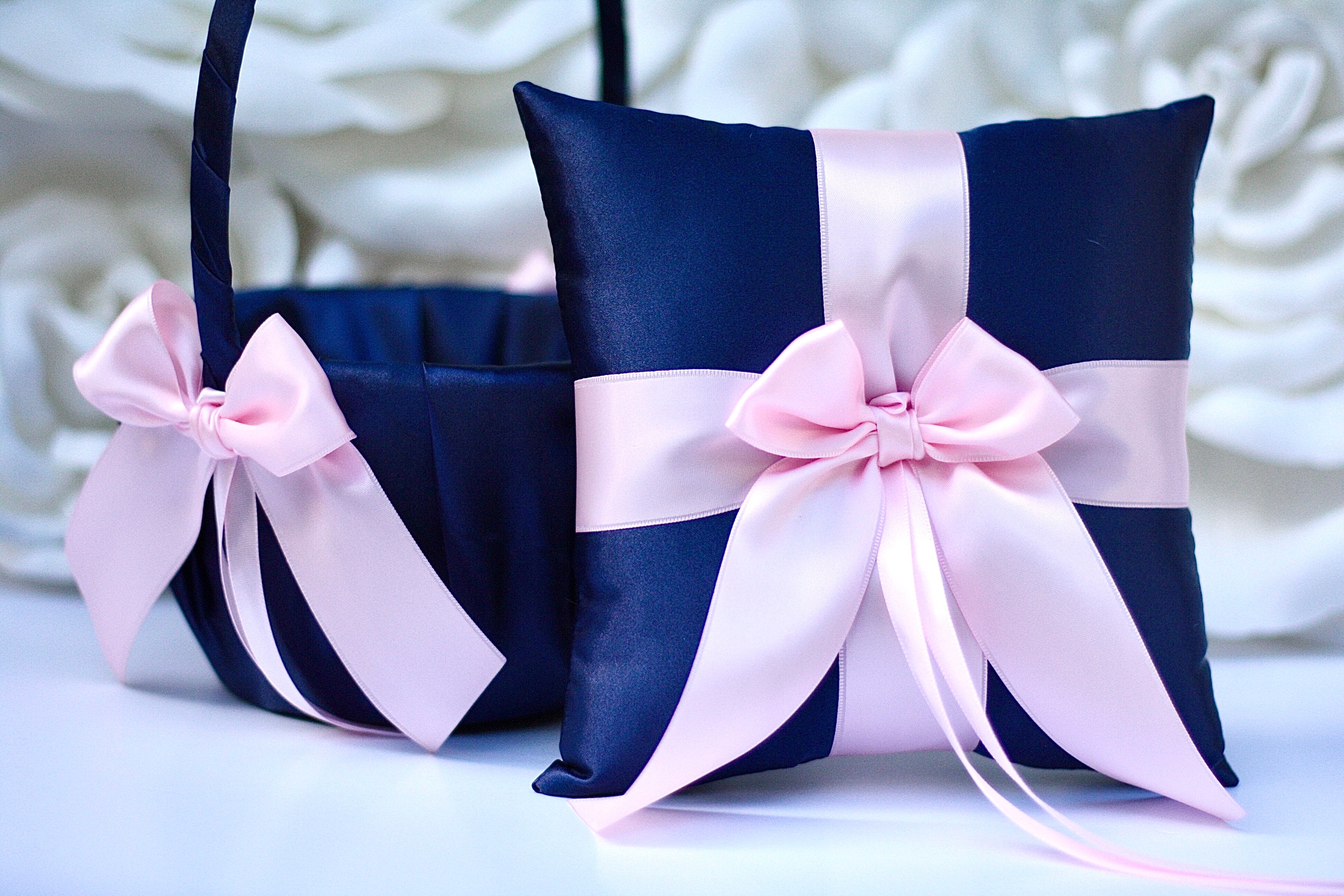 Flower Girl Basket and Ring Bearer Pillow Set Navy Blush Etsy