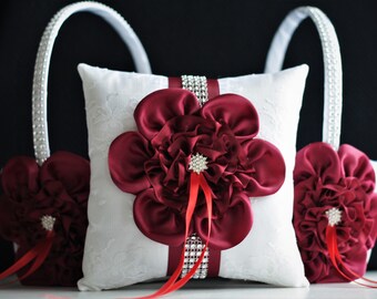 Burgundy Flower Girl Basket & Ring Bearer Pillow Burgundy Bridal Garter Set Wine Wedding basket Wine Wedding Pillow Wedding ceremony basket