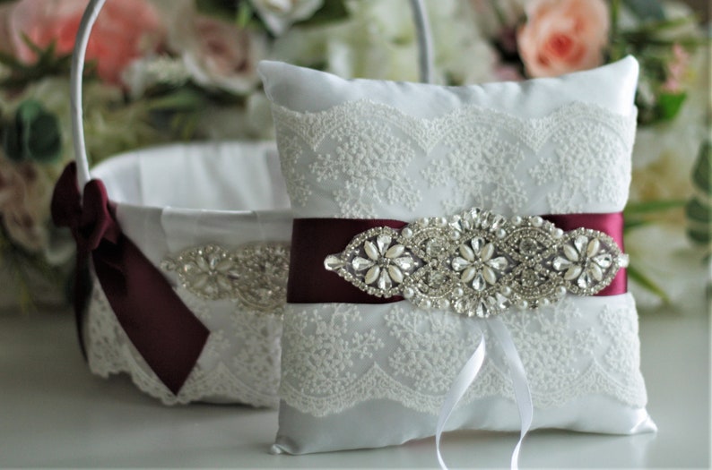 Burgundy Flower Girl Basket and Ring Bearer Pillow Flower Basket Marsala Ring Pillow Maroon Wedding Basket Guest Book and Pen Wedding Pillow