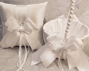 Flower Girl Basket and Ring Bearer Pillow White Wedding Decor, White Pearl Basket Pillow set