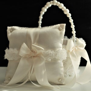 Ivory Flower Girl Basket & Ring Bearer Pillow Set Ivory Wedding Basket Unique Cute Beige Flower Basket Ivory Ring Pillow Pearl Handle Basket