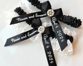 Liga para novia Liga de boda negra Liga nupcial Liga negra Conjunto Liga negra para novia Ligas personalizadas Cinturón de liga para novia