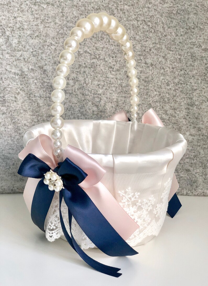 Navy Flower Girl Basket Flower Girl Baskets Pearl Handle Etsy