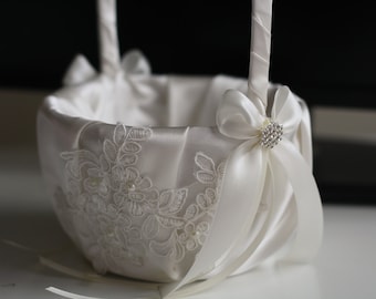 Flower Girl Basket / Wedding Gift, Proposal, Lace, Off White, Pearls, Satin, Rhinestone