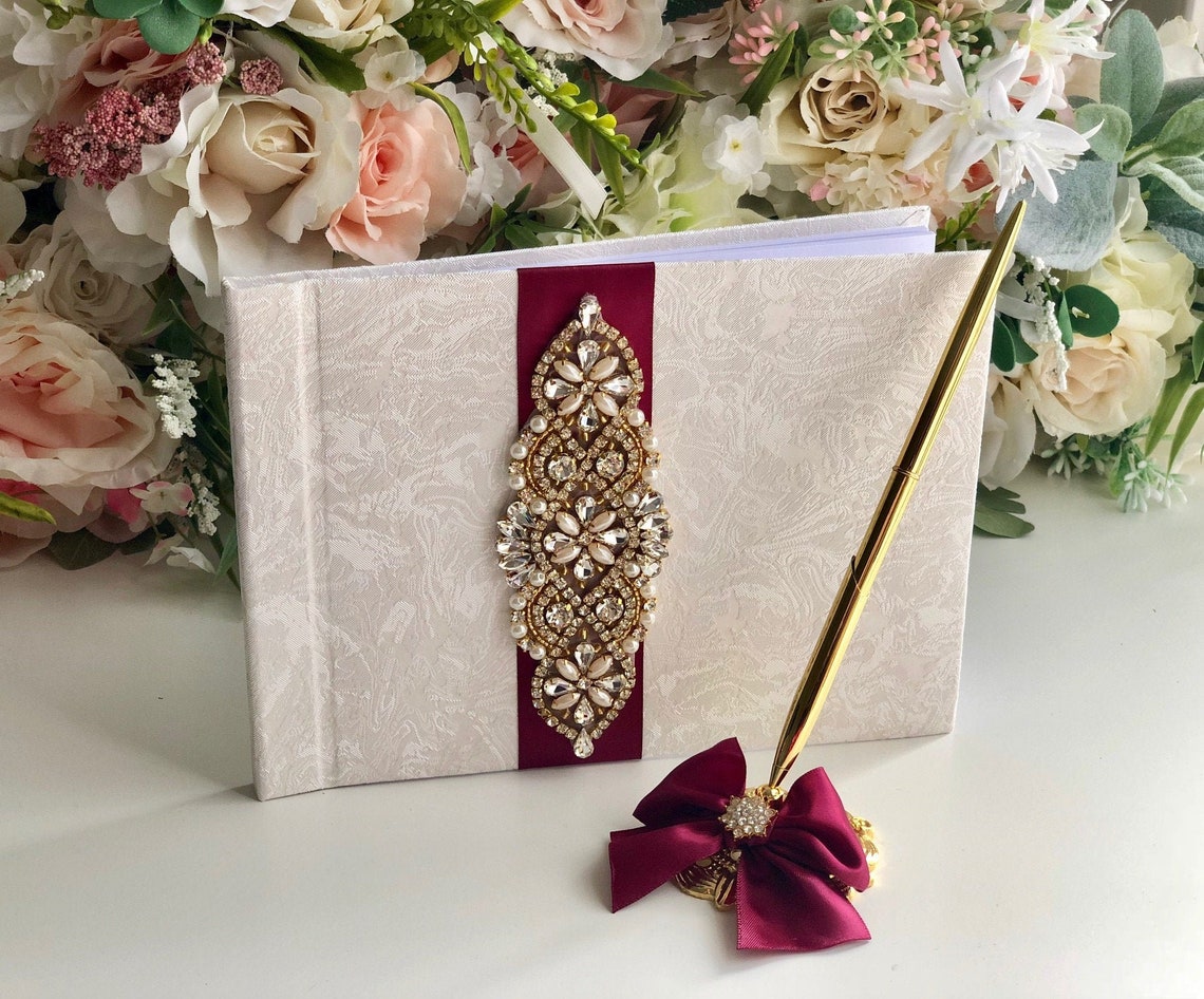 Gold Guest Book and Pen Burgundy Guest Book Wedding Sign in image 1