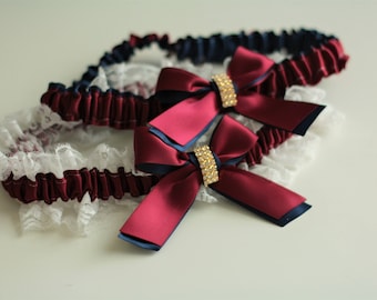 Bridal Garter Set, Wedding Garters, Garter Belt, Wedding Garter Set, Burgundy Garters, Navy Red Garters, Lace bridal garter, Navy Garter Set