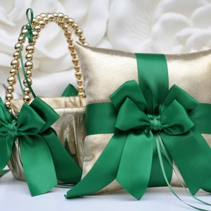 Flower Girl Basket and Ring Bearer Pillow Set Emerald Gold Wedding Basket Gold Ring Pillow Wedding Ring Pillow Gold Pearl Handle Basket