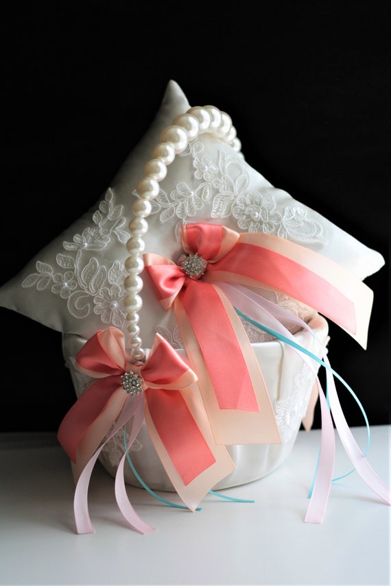 Coral Ring Bearer Pillow Coral Wedding Basket Flower Girl Etsy