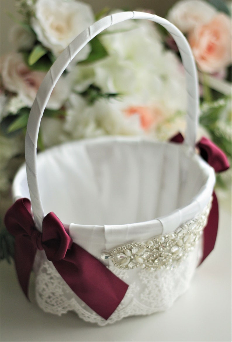 Burgundy Flower Girl Basket and Ring Bearer Pillow Flower Basket Marsala Ring Pillow Maroon Wedding Basket Guest Book and Pen Wedding Pillow