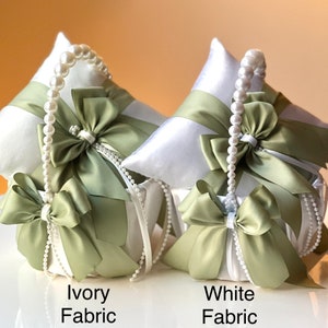 Sage Green Flower Girl Basket and Ring Bearer Pillow Set Sage Wedding Basket Pearl Handle Basket Olive Ring Pillow Sage Green Wedding Pillow