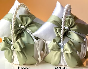 Sage Green Flower Girl Basket and Ring Bearer Pillow Set Sage Wedding Basket Pearl Handle Basket Olive Ring Pillow Sage Green Wedding Pillow