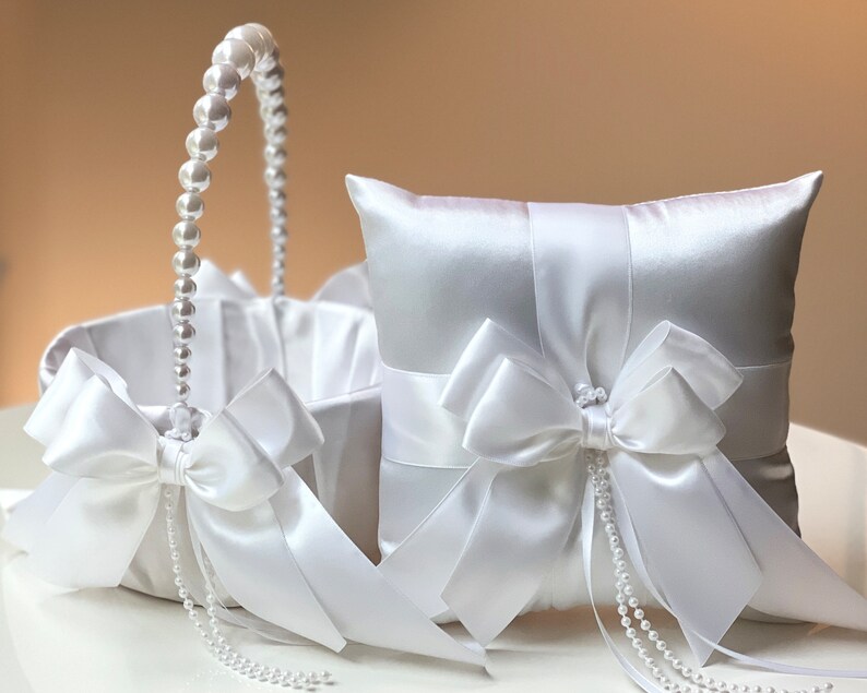 white flower girl basket and ring bearer pillow set