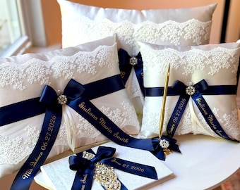 Quinceañera Pillow Set of 3 Tiara Shoe & Kneeling Pillows Ivory Satin Lace Navy Blue Personalized Quince Ceremony Pillows Cojines Dark Blue