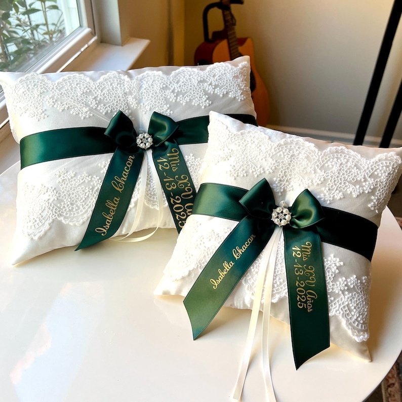 Quinceanera Pillow Set Hunter Green Quince Tiara Pillows Green Quinceanera Shoe Pillow Kneeling Pillow Green Custom Mis Quince Pillows