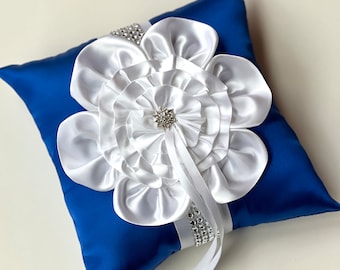 Ring Bearer Pillow Royal Blue Wedding Ring Pillow, Flower Ring Pillow, Blue and White Pillow, Blue Ring Holder, Ringkissen, Ring Bearer Gift