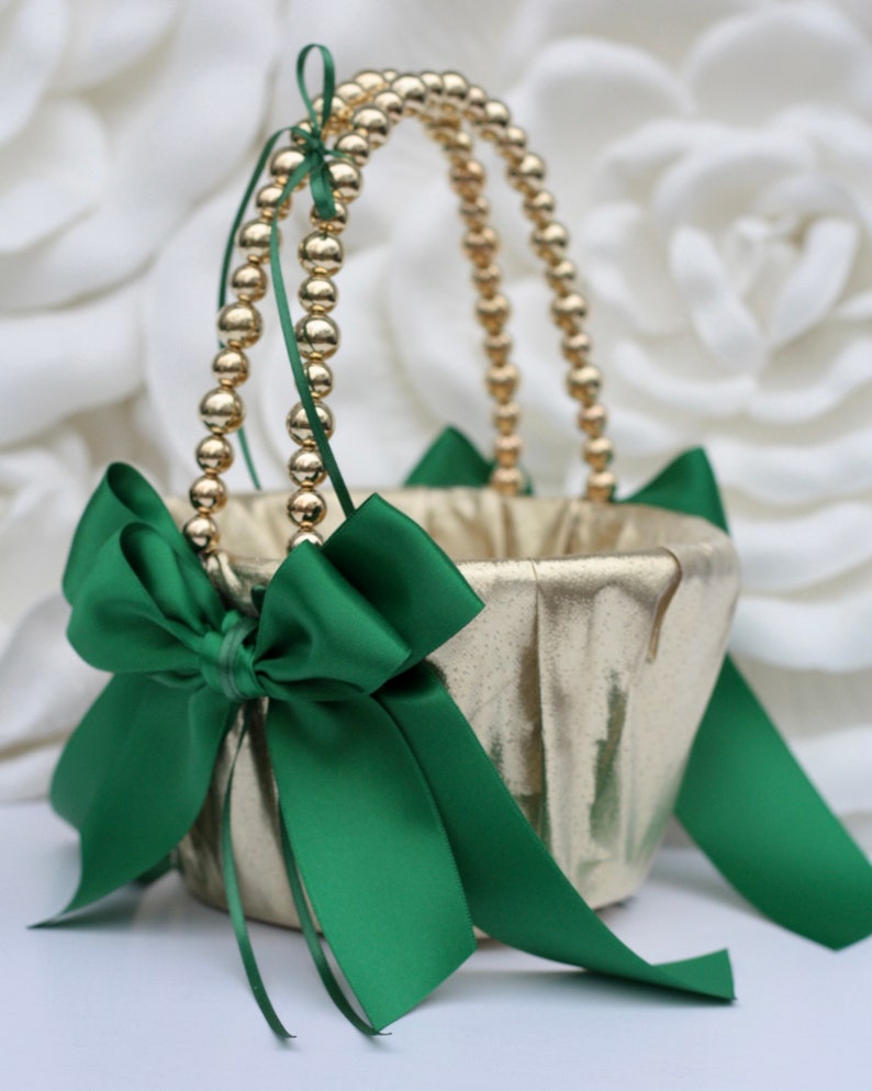 Flower Girl Basket and Ring Bearer Pillow Set Emerald Gold Etsy