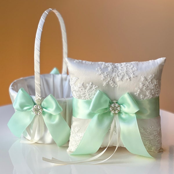 Mint Flower Girl Basket and Ring Bearer Pillow Set Mint Wedding Basket Mint Ring Pillow, Mint Ringkissen Ring Cushion Ring Boy Pillow