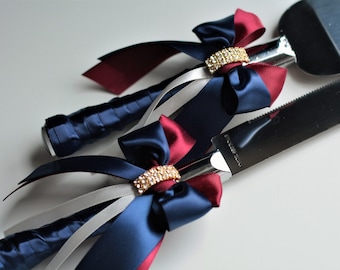 Navy Cake Serving Set, Navy Red Wedding Cake Cutting Set, Burgundy Cake Server set, Wedding Cake Knife and Server, Navy Wedding knife set