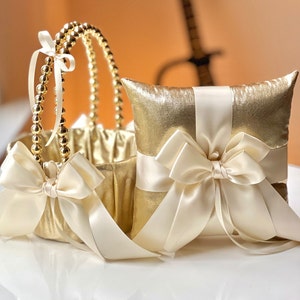 Flower Girl Basket and Ring Bearer Pillow Set Ivory Gold Wedding Basket ...