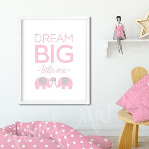Dream Big Little One Instant Download Typography Elephant Nursery Print Pink Polka Dots Pink Print Navy Baby Shower Print