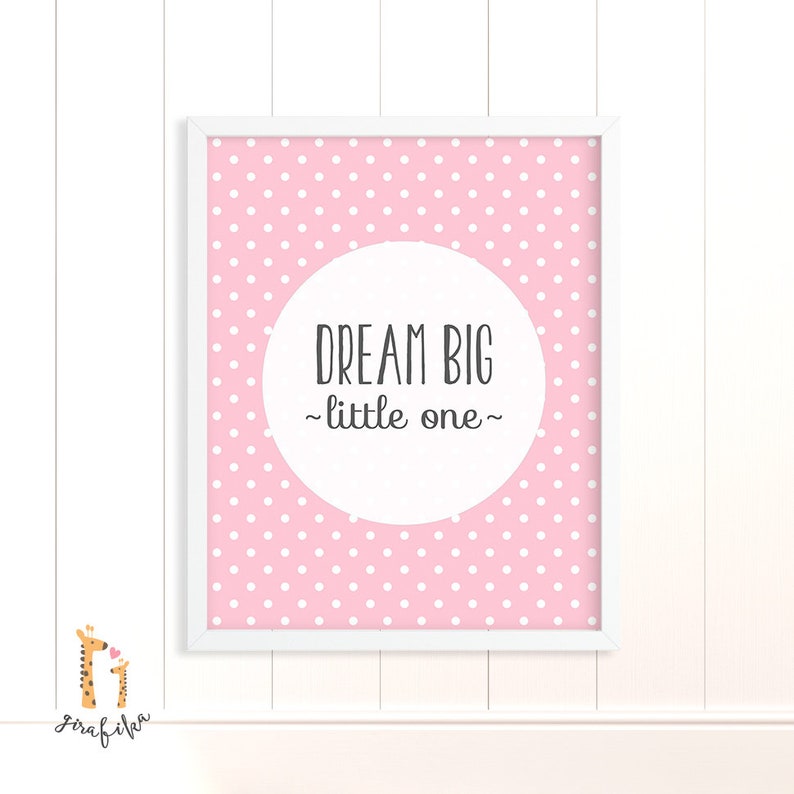 Dream Big Little One Instant Download Typography Elephant Nursery Print Pink Polka Dots Pink Print Navy Baby Shower Print