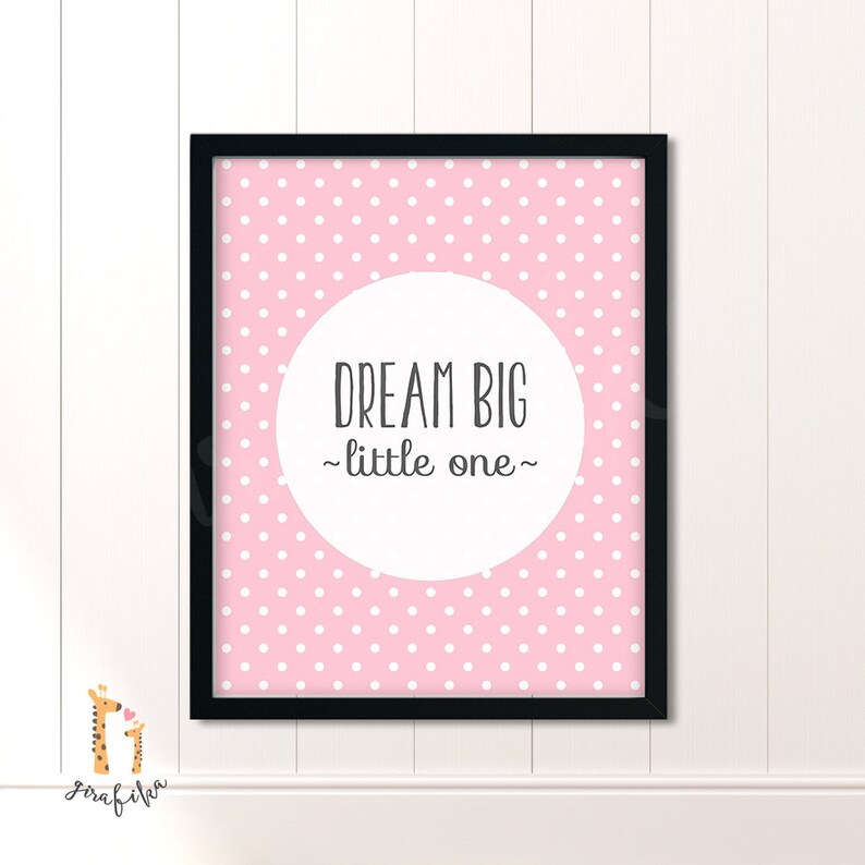 Dream Big Little One Instant Download Typography Elephant Nursery Print Pink Polka Dots Pink Print Navy Baby Shower Print