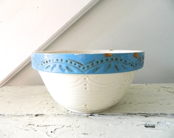 Vintage White Crock Pottery Bowl Blue White Mixing Bowl Large