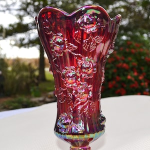 Fenton Red Carnival Glass Vase, Fenton Cabbage Rose Vase, Fenton