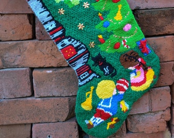 Vintage Needlepoint Christmas Stocking, Christmas Scene Needlepoint Stocking