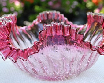 Cranberry and Clear Ruffled Edge Bowl, Cranberry and Clear Brides Basket